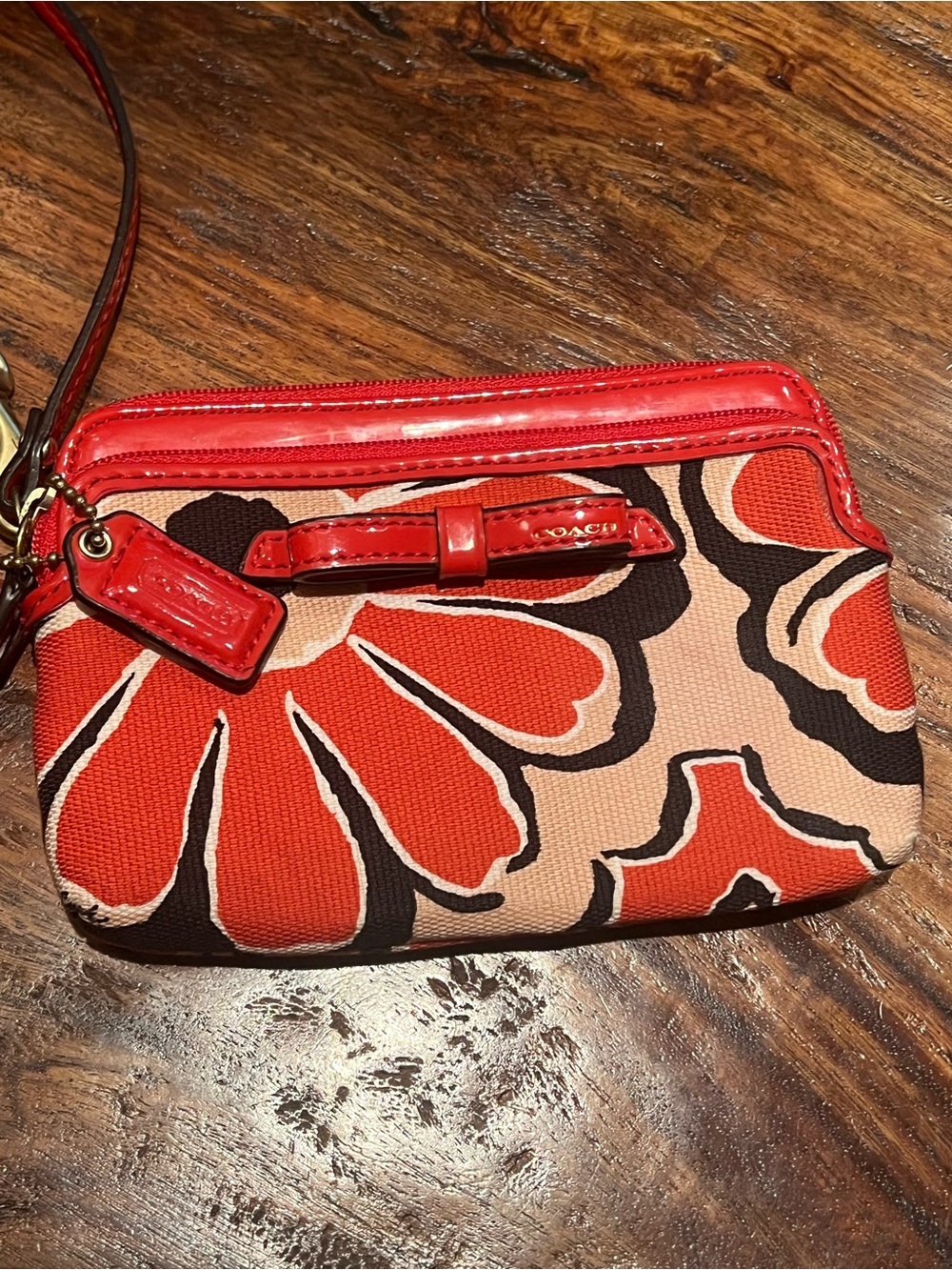 Coach Red and Beige Floral Canvas Wristlet